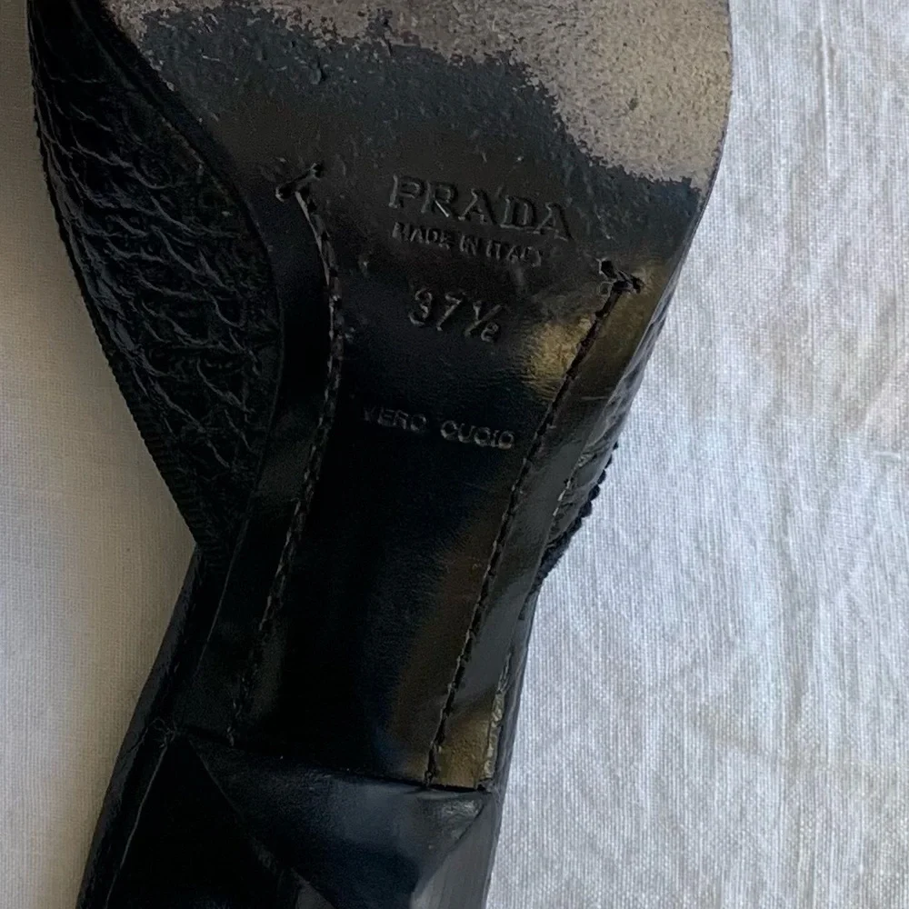 Vintage Prada Tweed Rosette Flower Pebbled Leather Pointy Toe Mules Kitten Heels - Picture 11 of 11